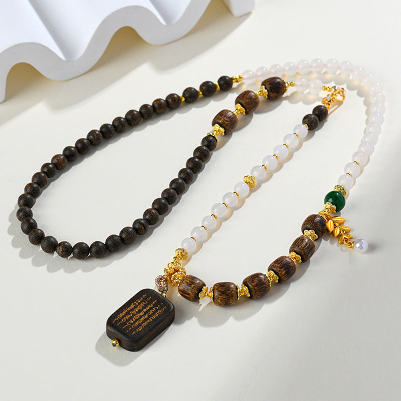 Sacred Agarwood White Agate Necklace with Five Sutra Pendant - Spiritual Protection Beads