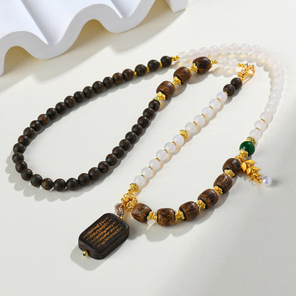Sacred Agarwood White Agate Necklace with Five Sutra Pendant - Spiritual Protection Beads