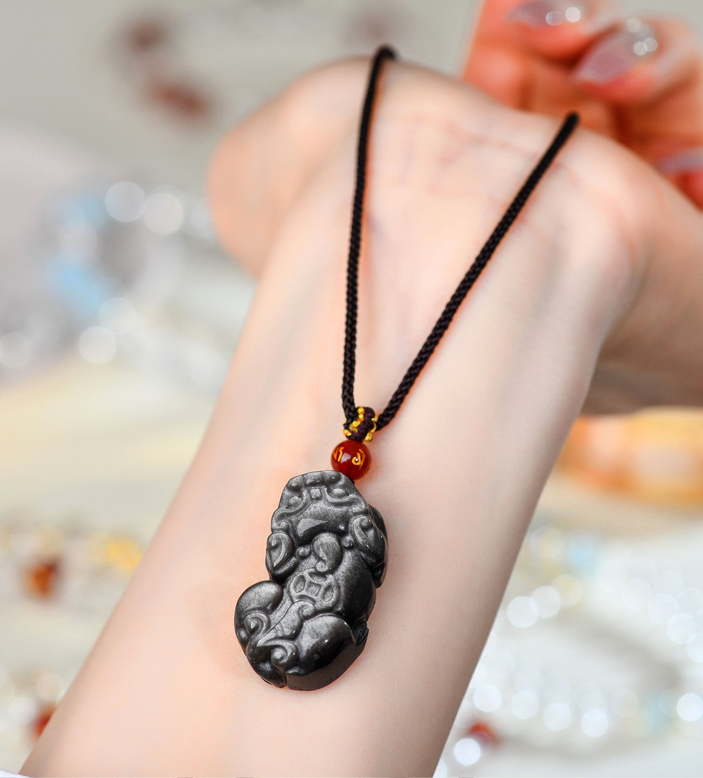 Natural Black Obsidian Pixiu Pendant with Copper Coin and Ruyi Carving - Wealth and Protection Amulet