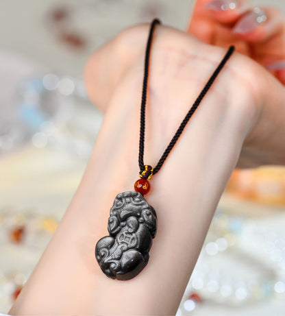 Natural Black Obsidian Pixiu Pendant with Copper Coin and Ruyi Carving - Wealth and Protection Amulet