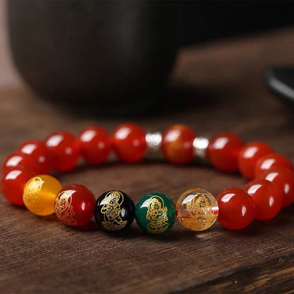 Five-Way God of Wealth Zodiac Guardian Buddha Agate Obsidian Bracelet - Fortune & Protection Talisman