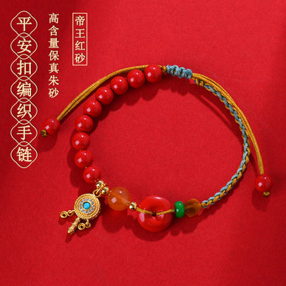 Natural High Content Cinnabar Peace Buckle Hand-Woven Bracelet | Spiritual Protection & Wealth Charm
