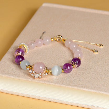 Cancer Zodiac Crystal Bracelet with Natural Rose Quartz, Amethyst & Aquamarine | Emotional Healing Stone Jewelry