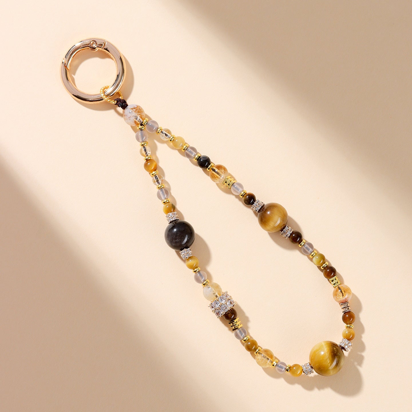 Natural Crystal Tower Keychain with Tiger Eye and Gray Agate - Wealth Protection and Good Luck Charm