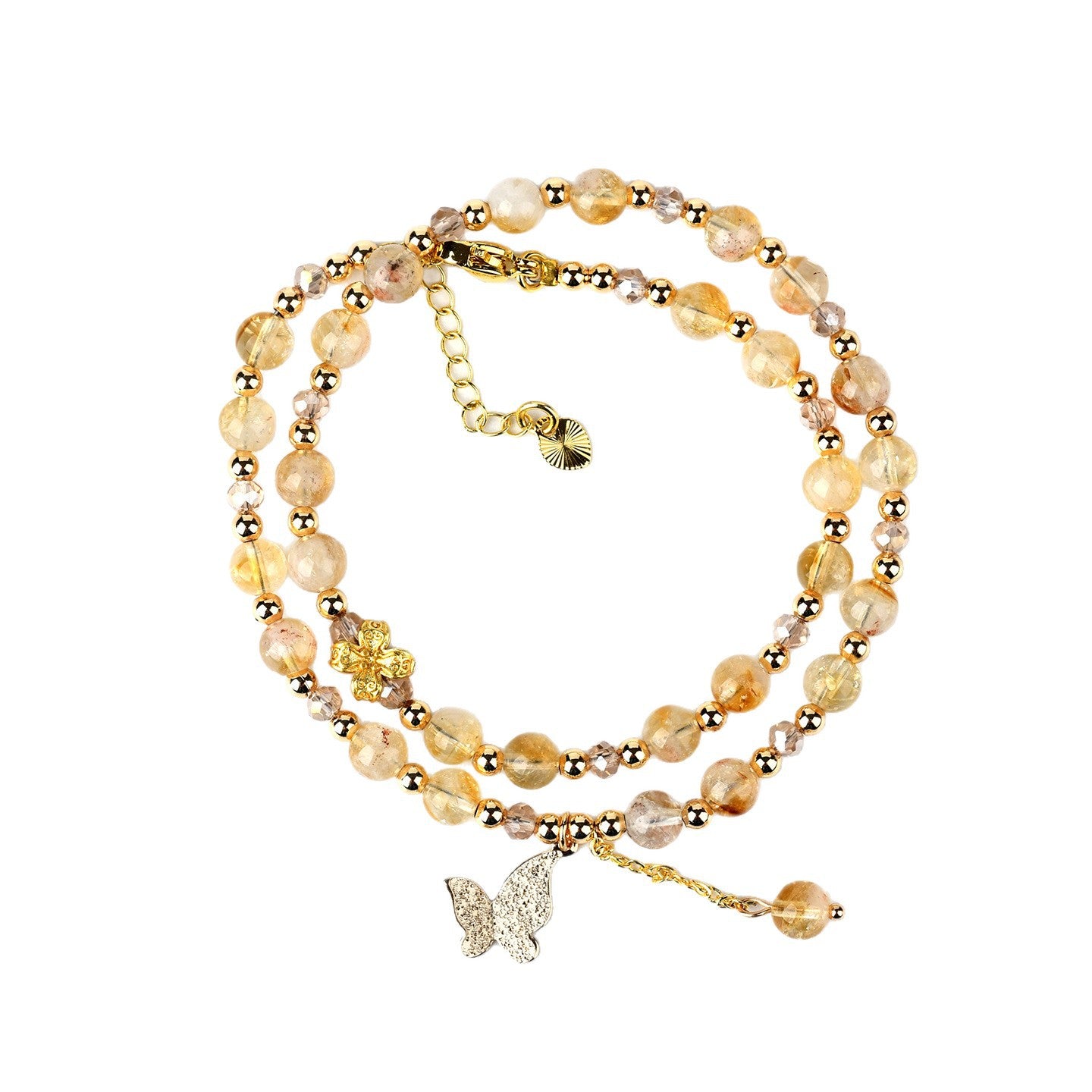 Natural Yellow Pagoda Crystal Butterfly Tassel Double Circle Bracelet for Women