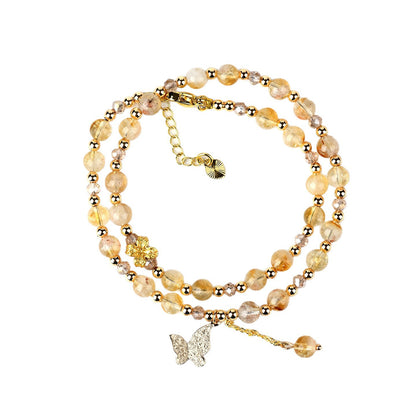Natural Yellow Pagoda Crystal Butterfly Tassel Double Circle Bracelet for Women