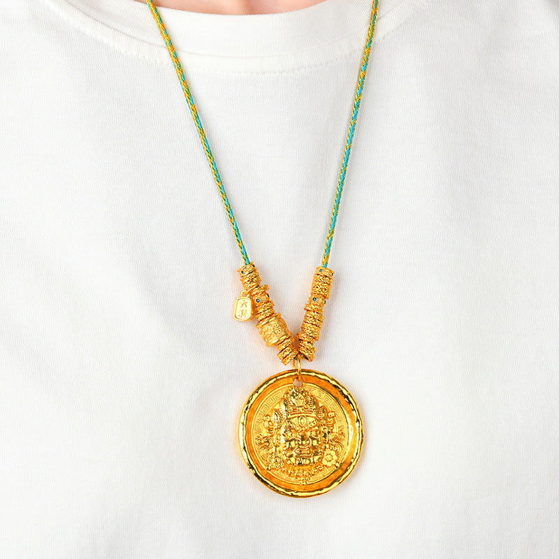 Golden Wealth God Tibetan Style Pendant Necklace - Prosperity and Protection Amulet