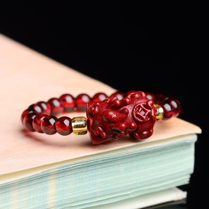 High Content Cinnabar Pixiu Four-Leaf Clover Elastic Ring for Women - Wealth & Luck Talisman