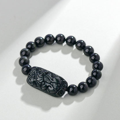 Natural Rainbow Eye Obsidian Pixiu Bracelet - Wealth and Protection Talisman for Couples
