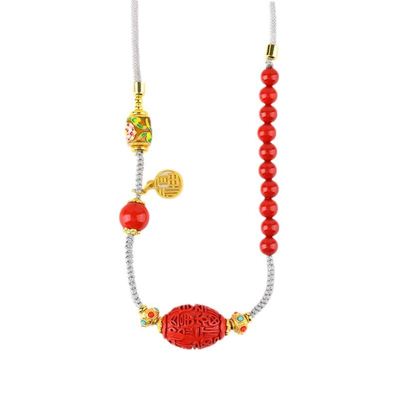 Natural Cinnabar Fortune Character Drum Bead Pendant Necklace | Vintage Style Luck Attraction