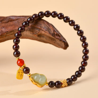 Natural Crystal Garnet Gourd Fortune Bracelet | Wealth & Protection Amulet for Women