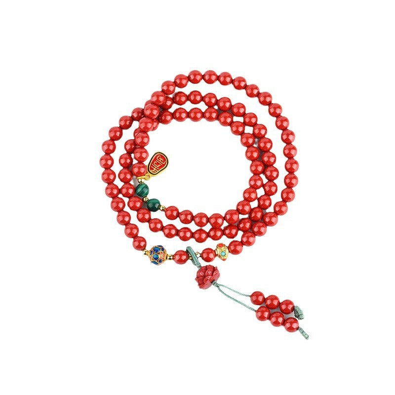 Natural High Content Cinnabar Three-Circle Bracelet with Red Lotus Bead for Women's Birth Year