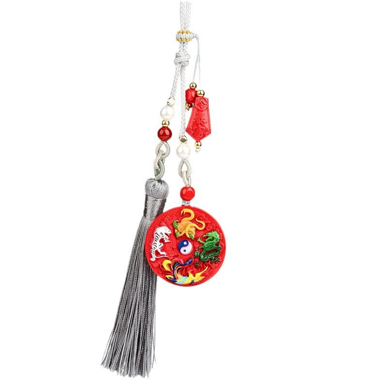 Natural Cinnabar Divine Beast Eight Diagrams Car Hanging Ornament - Imperial Red Sand Painted Square Amulet