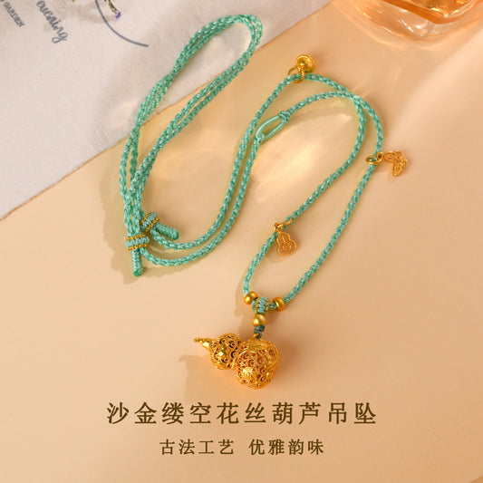 Golden Gourd Hollow Flower Pendant Necklace - Wealth and Prosperity Chinese Style Charm