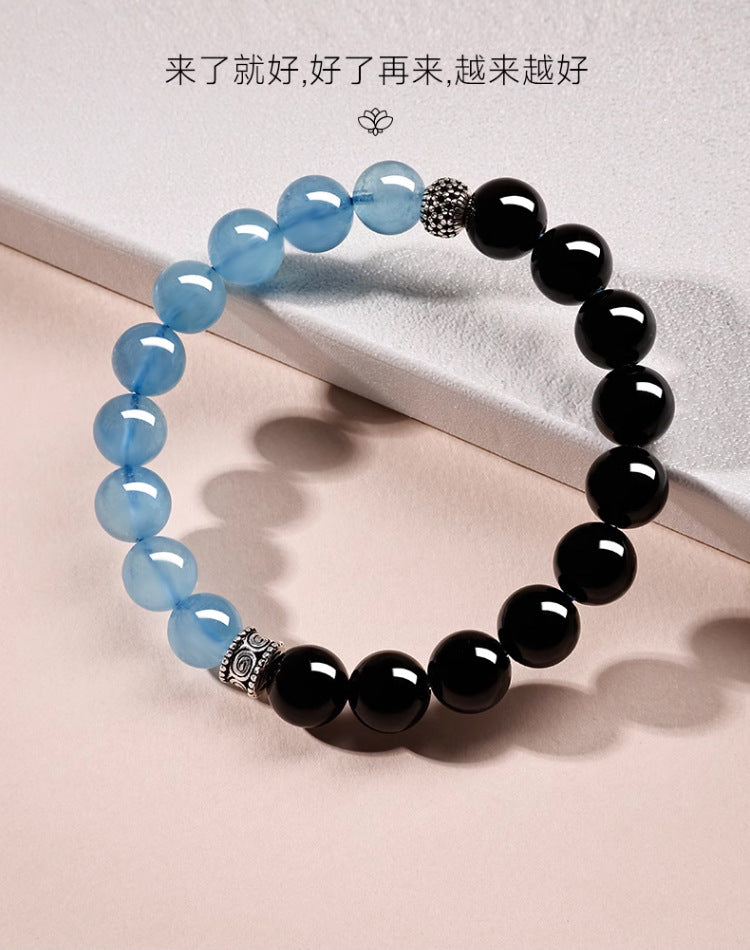Natural Obsidian Aquamarine Crystal Bracelet - Couple Spiritual Harmony & Protection