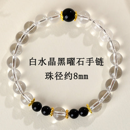 Natural Crystal Energy Bracelet with White Crystal, Obsidian, Strawberry Quartz, and Aquamarine | Spiritual Harmony & Protection