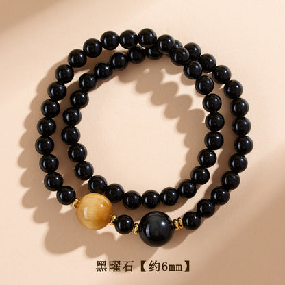 Natural Obsidian Gold Tiger Eye Double Circle Buddhist Bead Bracelet | Protection Wealth Spiritual Amulet