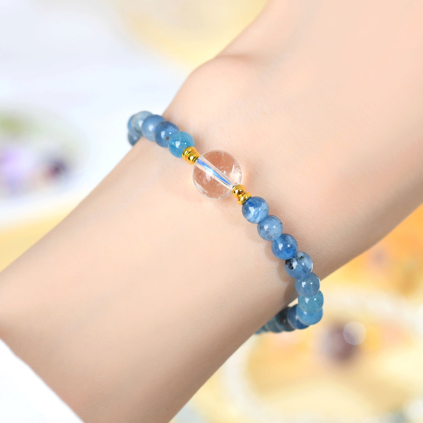 Natural Aquamarine White Crystal Single Circle Bracelet | S925 Silver Elegant Women's Jewelry for Harmony & Protection