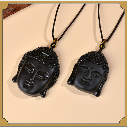 Natural Matte Obsidian Shakyamuni Buddha Head Pendant - Spiritual Protection Amulet