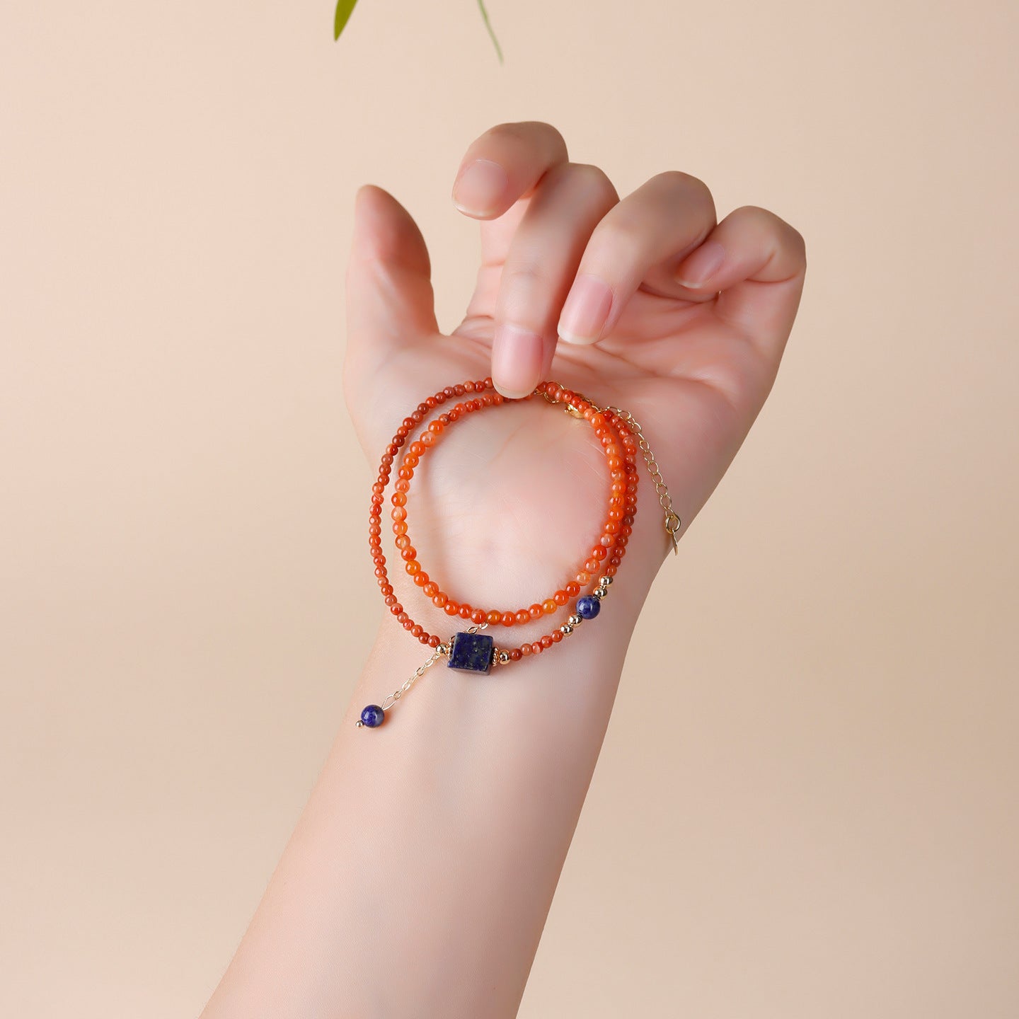Natural Southern Red Agate & Lapis Lazuli Sugar Cube Double Circle Bracelet with Extension Chain