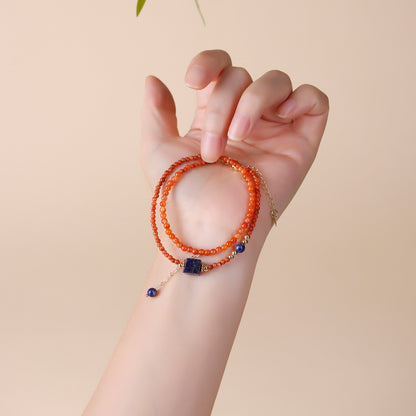 Natural Southern Red Agate & Lapis Lazuli Sugar Cube Double Circle Bracelet with Extension Chain