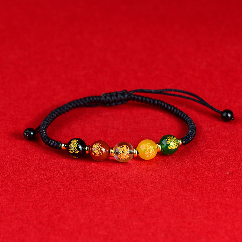 Five-Way God of Wealth Bracelet: Dragon Year Red Rope with Natural Agate for Wealth & Protection