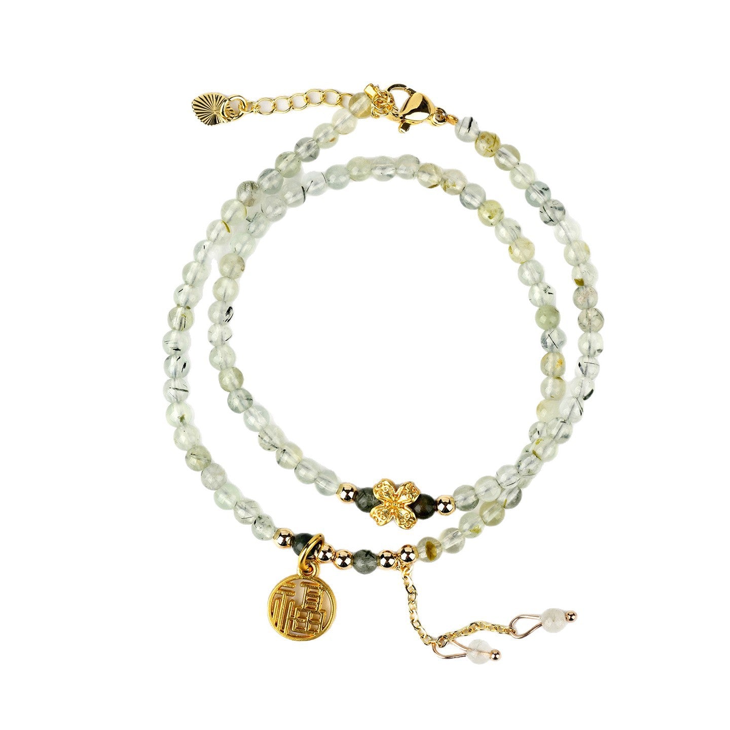 Natural Green Rutilated Quartz Fortune Bracelet | Double Circle Tassel Design for Women