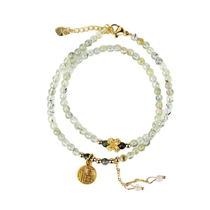 Natural Green Rutilated Quartz Fortune Bracelet | Double Circle Tassel Design for Women