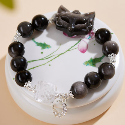 Silver Obsidian Fox Mask Bracelet with White Crystal Lion Awakening - Chinese Style Women's Spiritual Jewelry