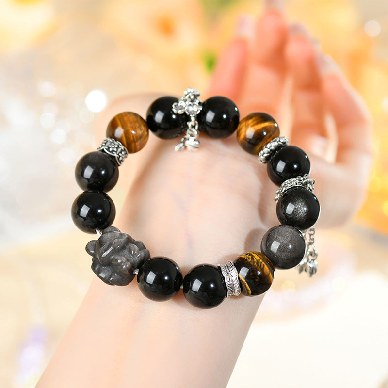 Natural Yellow Tiger Eye Silver Obsidian Nine-Tailed Fox Bracelet | Wisdom Charm Protection Couple Amulet
