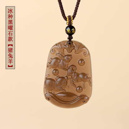 Natural Ice Obsidian Zodiac Triad Pendant Necklace｜Birth Year Protection & Harmony