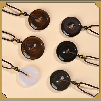 Natural Obsidian White Agate Peace Buckle Pendant - Chinese Style Zodiac Harmony Necklace