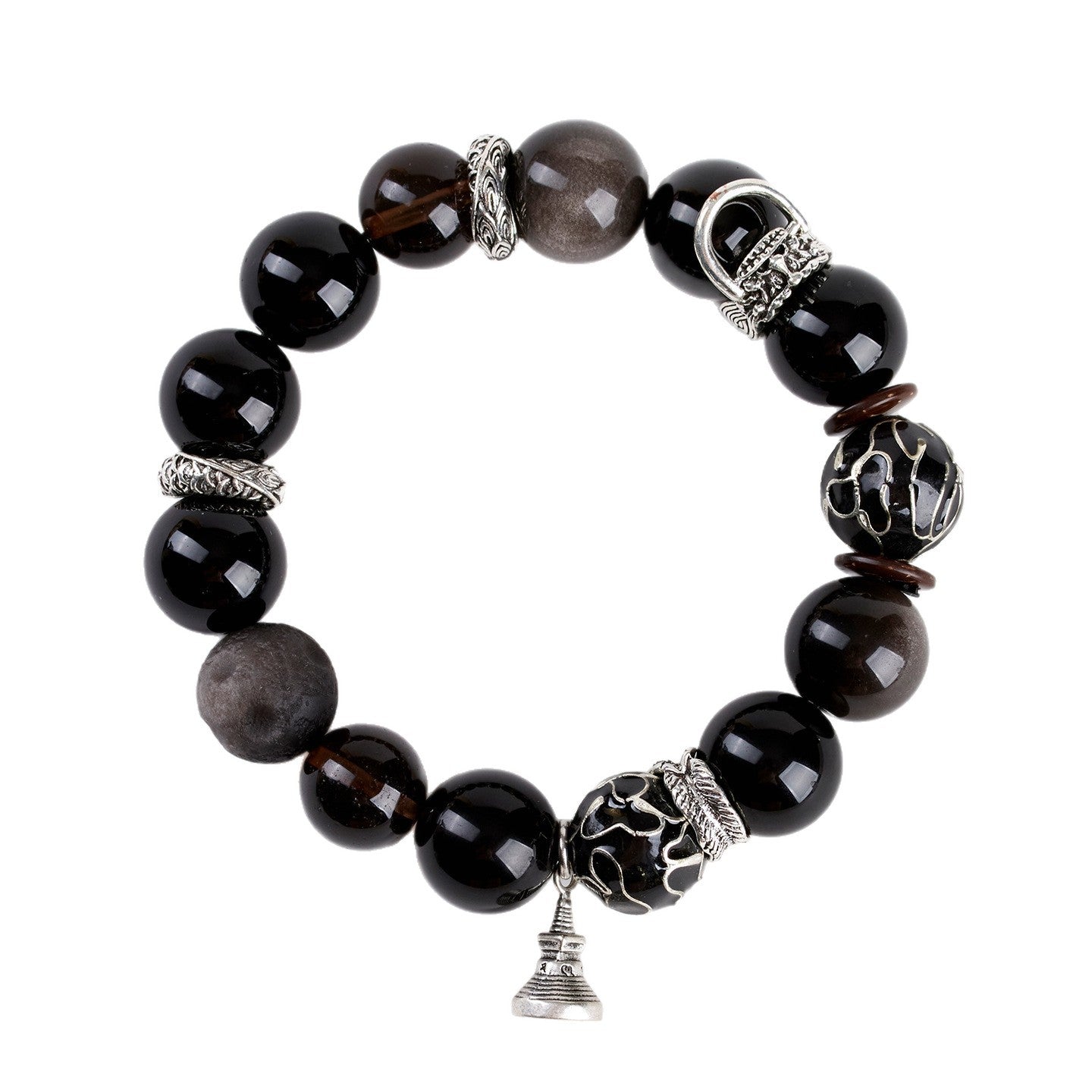 Natural Silver Obsidian Cloisonné Enamel Large Bead Bracelet for Men - Protection & Fortune