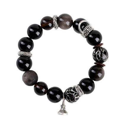 Natural Silver Obsidian Cloisonné Enamel Large Bead Bracelet for Men - Protection & Fortune