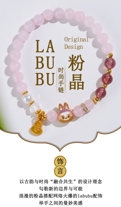 Natural Rose Strawberry Quartz LABUBU Charm Bracelet for Love and Harmony
