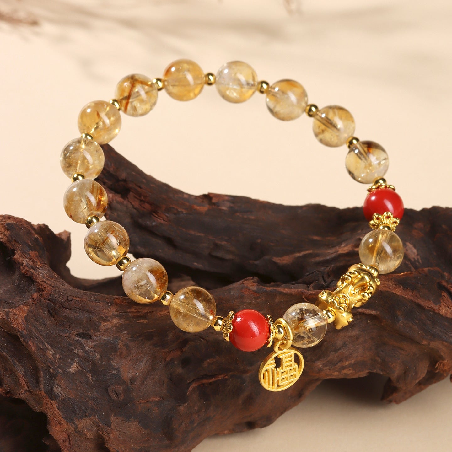 Yellow Pagoda Crystal and Imperial Red Cinnabar Lucky Bracelet for Women