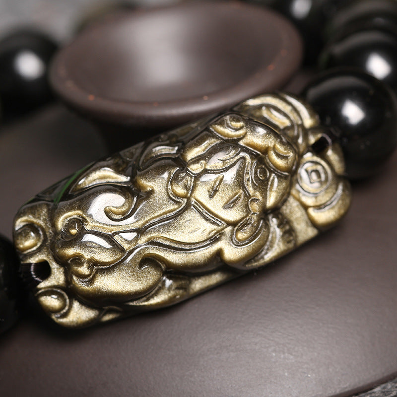 Natural Golden Stone Bracelet with Double Gold Eye Obsidian and Pixiu Charm for Wealth Attraction