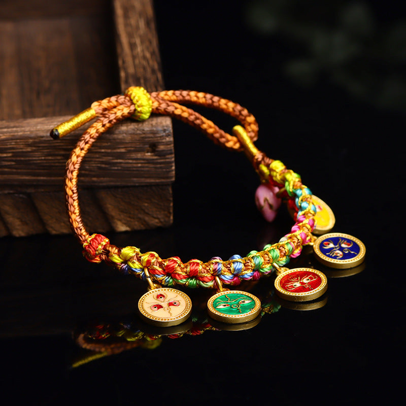 Handwoven Peach Blossom Knot Five-Way God of Wealth Tibetan Thangka Bracelet for Prosperity