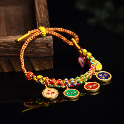 Handwoven Peach Blossom Knot Five-Way God of Wealth Tibetan Thangka Bracelet for Prosperity