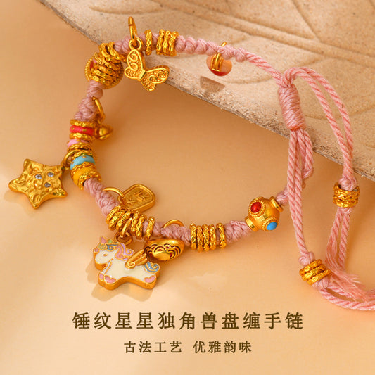 Golden Hammered Star Unicorn Coiled Braided Bracelet with Pink Tibetan Style