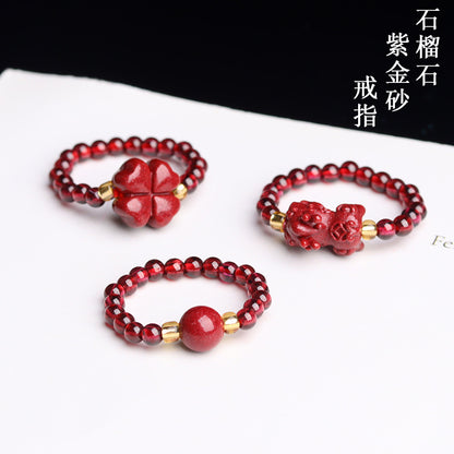 High Content Cinnabar Pixiu Four-Leaf Clover Elastic Ring for Women - Wealth & Luck Talisman