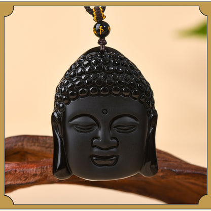 Natural Matte Obsidian Shakyamuni Buddha Head Pendant - Spiritual Protection Amulet