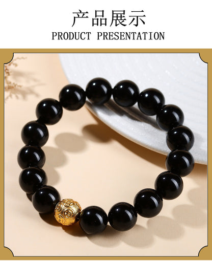 Natural Obsidian Gold Copper Coin Bead Bracelet - Chinese Style Unisex Protection Wealth Charm