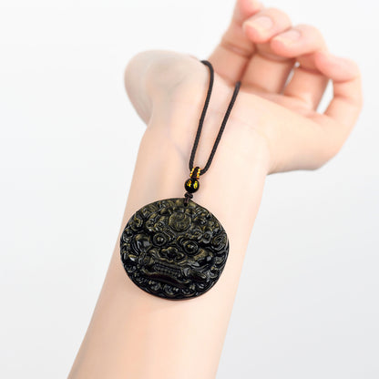 Golden Obsidian Bagua Pixiu Pendant Necklace - Spiritual Protection & Wealth