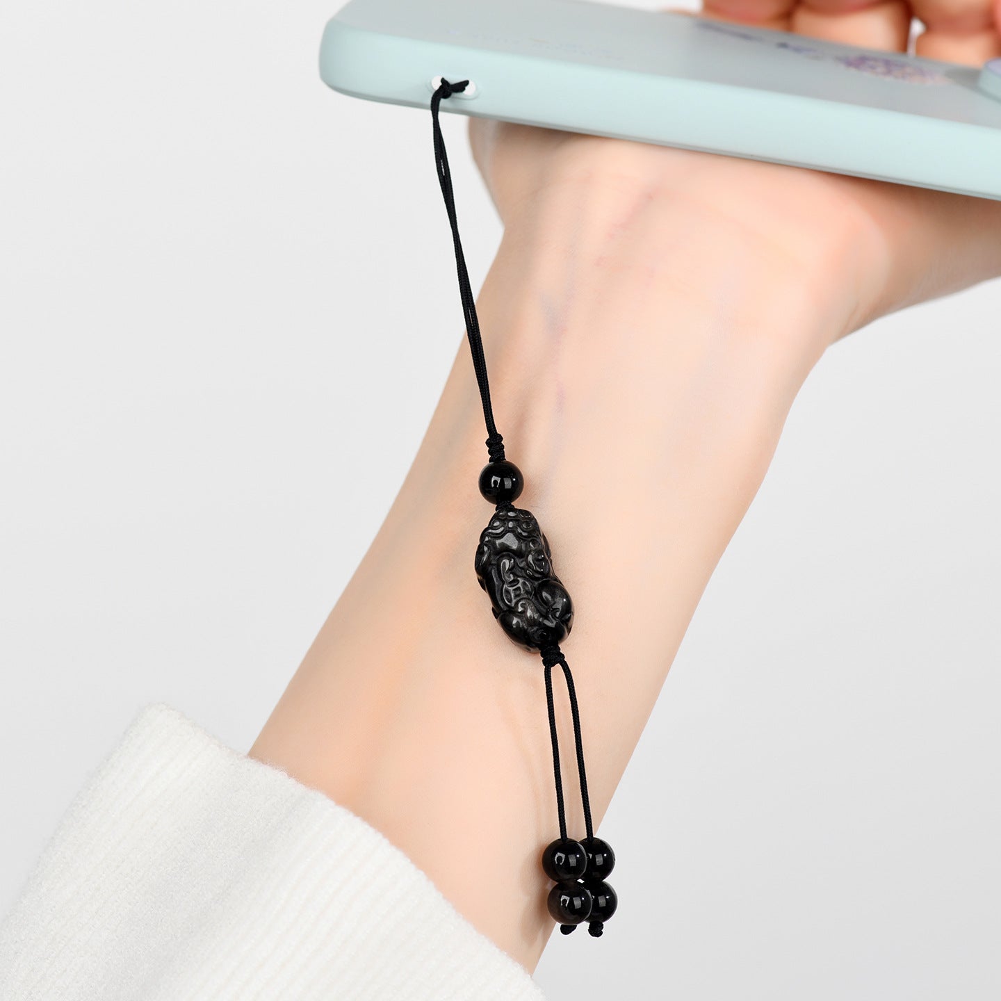 Natural Silver Obsidian Pixiu Phone Chain - Handmade Wealth Attraction Pendant