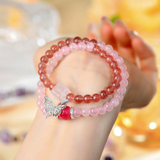 Natural Rose Quartz Strawberry Quartz Butterfly Double Circle Love Bracelet for Women