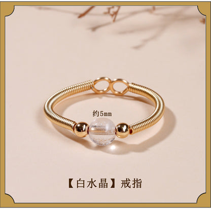 Handmade Crystal Agate Ring with Yellow Rutilated Quartz and Moonstone - Open Wire Wrapped Design for Wealth and Protection