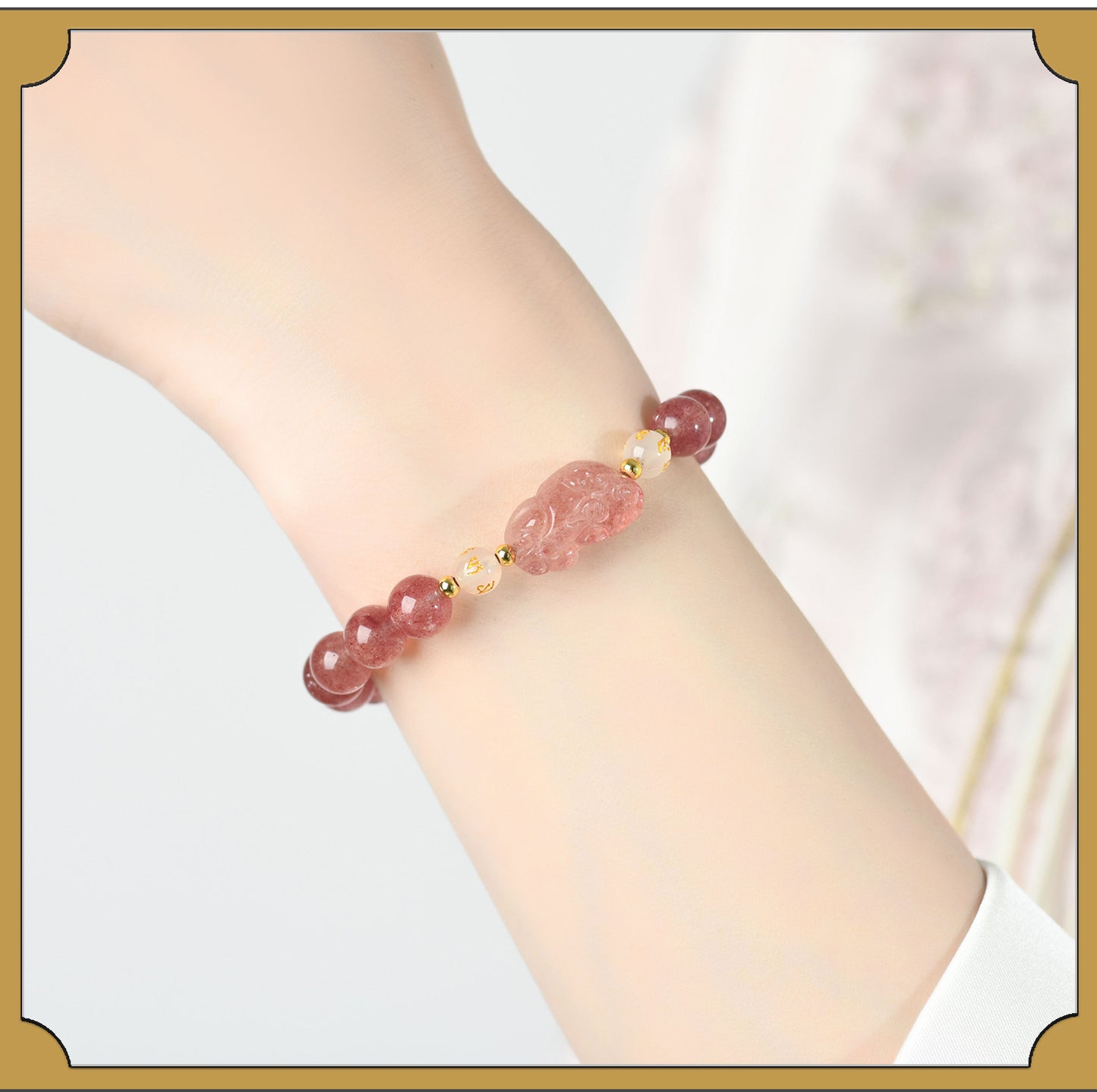 Natural Strawberry Quartz Obsidian Couple Pixiu Bracelet - Wealth and Love Talisman