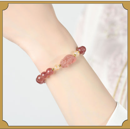 Natural Strawberry Quartz Obsidian Couple Pixiu Bracelet - Wealth and Love Talisman