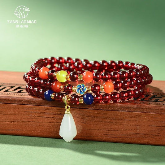 108Garnet Stone Bracelet Pure Color Tibetan Style Accessories Unisex Ethnic Style Jewelry Buddhist Beads